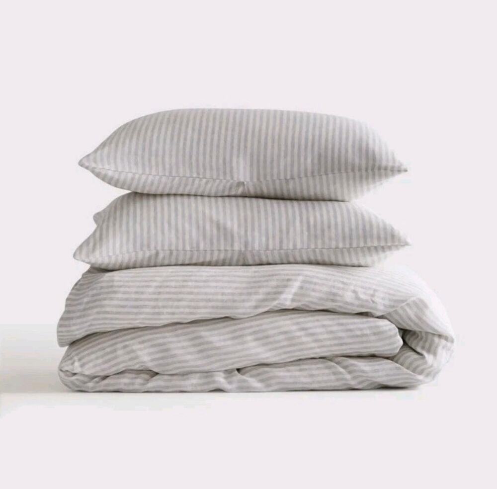 New Quince European Flax Linen Duvet Cover Set 3Pc Full Queen White Mist Stripe